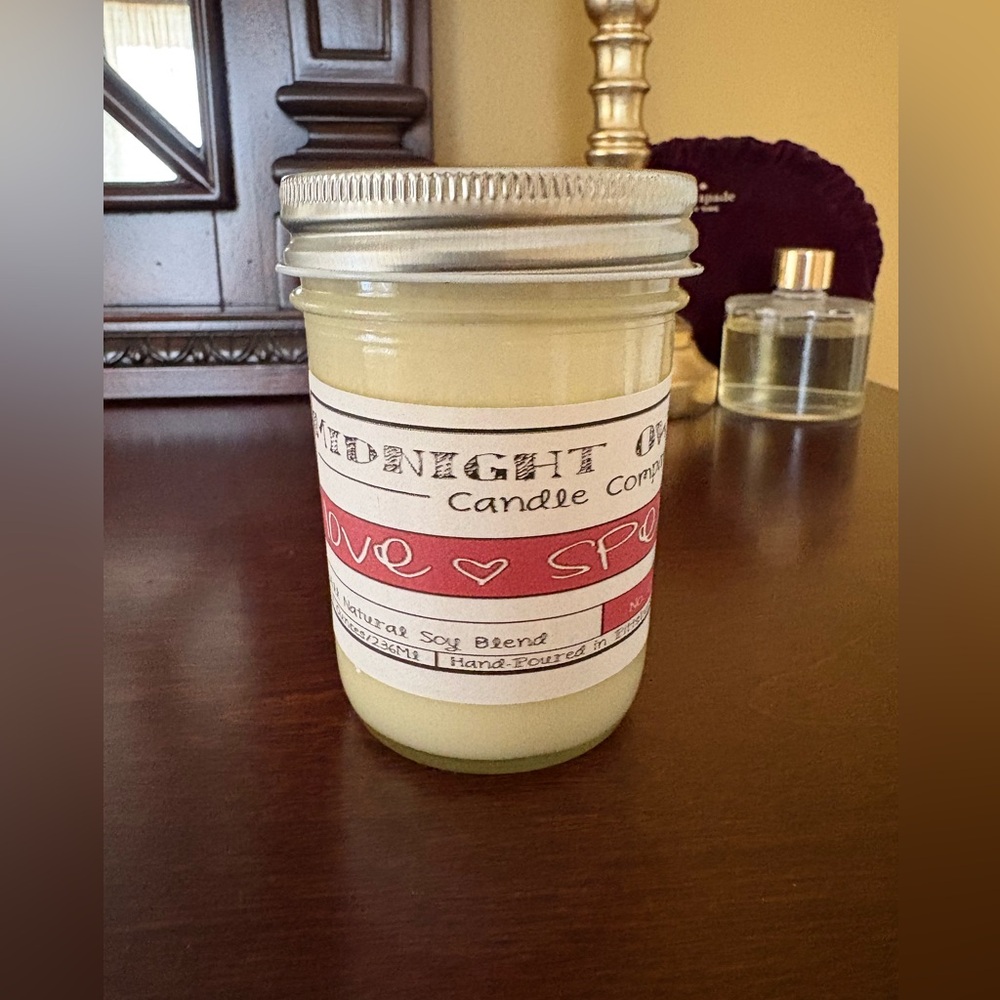 Handmade 8oz soy candle - Love Spell type fragrance - mason jar - new
